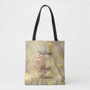 Maid of Honor, Name Yellow Butterfly, Bridal Party Tote Bag