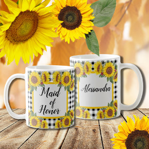 Maid of Honor Personalized Gingham Sunflower Koffiemok