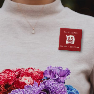 Maid of Honor Rood Vierkant Dubbel Geluk Bruiloft Vierkante Button 5,1 Cm