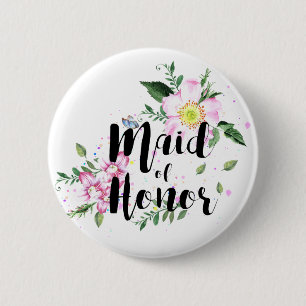 Maid of Honor Roze Bloemen Waterverf Bruiloft Ronde Button 5,7 Cm