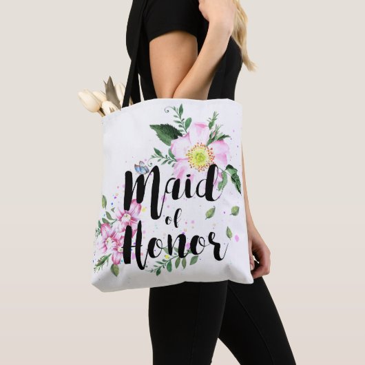 Maid of Honor Roze Bloemen Waterverf Huwelijk Tote Bag (Dichtbij)