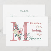 Maid of Honor Roze Bloemenbrief Bruiloft Bedankkaart (Voorkant / Achterkant)