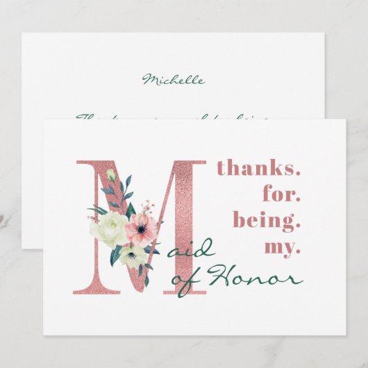 Maid of Honor Roze Bloemenbrief Bruiloft Bedankkaart (Voorkant / Achterkant)