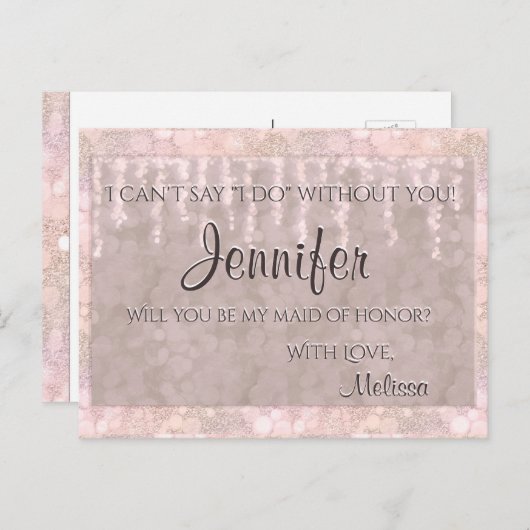Maid of Honor -  roze bokeh-lampen Uitnodiging Briefkaart (Voorkant / Achterkant)