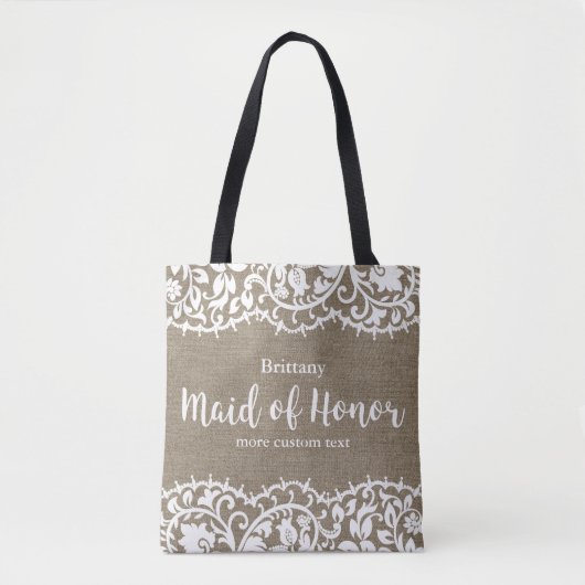 Maid of Honor Rustic Lace Burlap Custom Wedding Tote Bag (Voorkant)