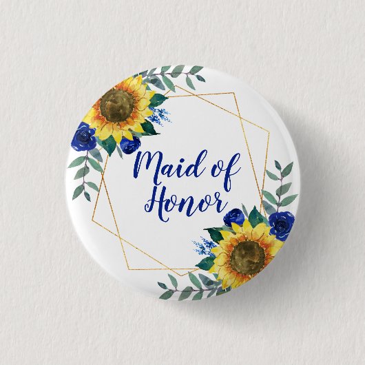 Maid of Honor Sunflower Geometric Blue Floral Ronde Button 3,2 Cm (Voorkant)