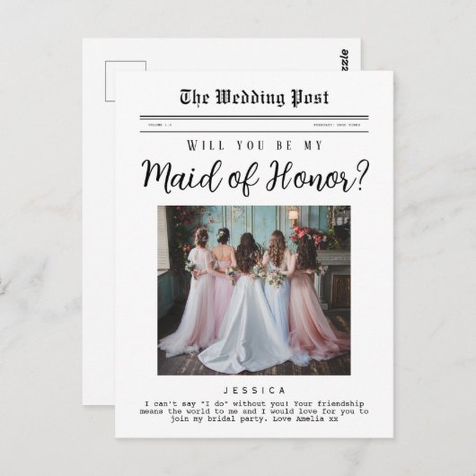 Maid of Honor voorstel, aangepaste krant Briefkaart (Voorkant / Achterkant)