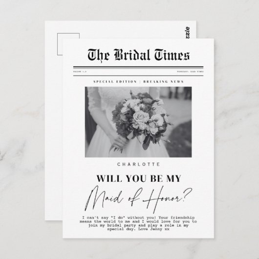 Maid of Honor vraagt, aanpasbare krant Briefkaart (Voorkant / Achterkant)