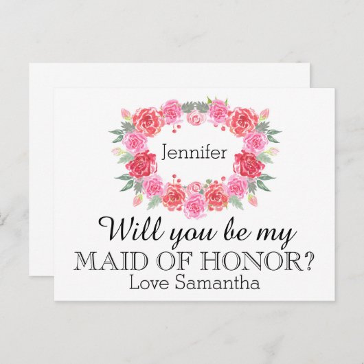 Maid of Honor waterverf bloemenkrans Uitnodiging Briefkaart (Voorkant / Achterkant)