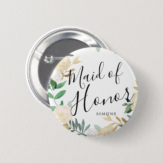 Maid of Honor White Rose Bouquet Custom Wedding Ronde Button 5,7 Cm (Voorkant /achterkant)
