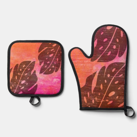 Maikai Hawaiian Monstera Leaf Stropdas-Dye Fuchsia Ovenwant & Pannenlap Set (Voorkant)