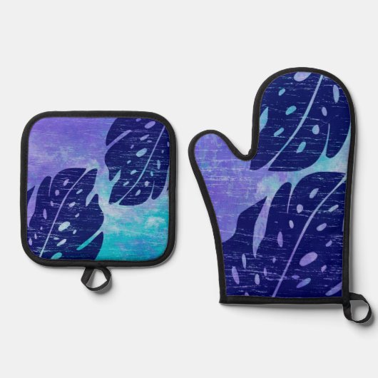 Maikai Hawaiian Monstera Leaf Stropdas-Dye Paars Ovenwant & Pannenlap Set (Voorkant)