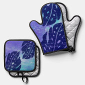 Maikai Hawaiian Monstera Leaf Stropdas-Dye Paars Ovenwant & Pannenlap Set (Voorkant / Achterkant)