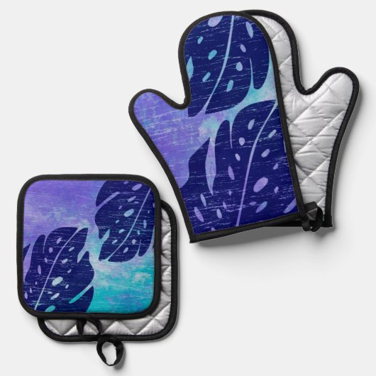 Maikai Hawaiian Monstera Leaf Stropdas-Dye Paars Ovenwant & Pannenlap Set (Voorkant / Achterkant)