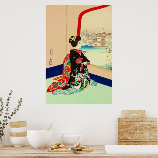 Maiko en Golden Pavilion Hasegawa Sadanobu III Poster (Keuken)
