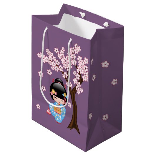 Maiko Kokeshi Doll Blauw Kimono Geisha Meisje Paar Medium Cadeauzakje (Voorkant Gekanteld)