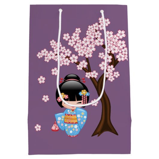 Maiko Kokeshi Doll Blauw Kimono Geisha Meisje Paar Medium Cadeauzakje (Achterkant)