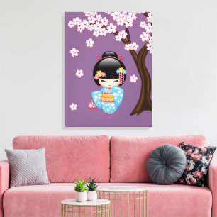 Maiko Kokeshi Doll - Blue Kimono Geisha Girl Canvas Afdruk