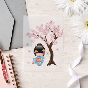 Maiko Kokeshi Doll Blue Kimono Geisha Girl Insert Vellum Uitnodigingen