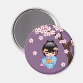Maiko Kokeshi Doll - Blue Kimono Geisha Girl Magneet (Voorkant / Achterkant)