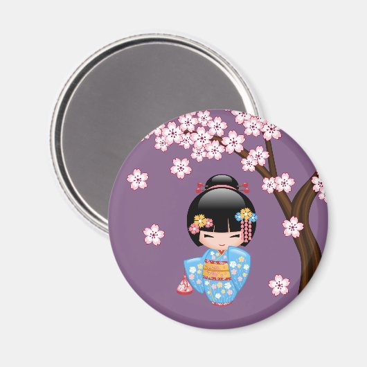 Maiko Kokeshi Doll - Blue Kimono Geisha Girl Magneet (Voorkant / Achterkant)