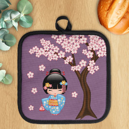 Maiko Kokeshi Doll - Blue Kimono Geisha Girl Pannenlap