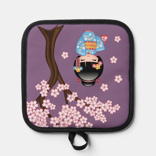 Maiko Kokeshi Doll - Blue Kimono Geisha Girl Pannenlap (Voorkant)