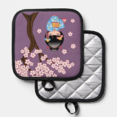 Maiko Kokeshi Doll - Blue Kimono Geisha Girl Pannenlap (Voorkant / Achterkant)