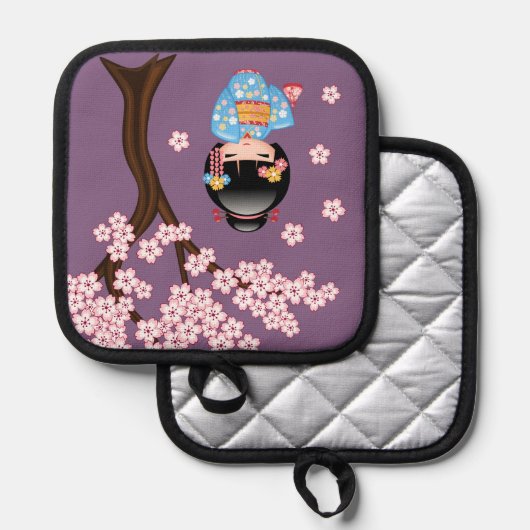 Maiko Kokeshi Doll - Blue Kimono Geisha Girl Pannenlap (Voorkant / Achterkant)