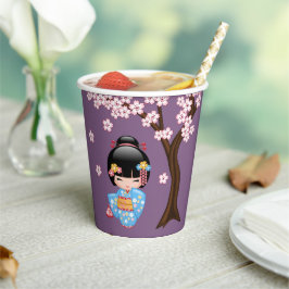 Maiko Kokeshi Doll - Blue Kimono Geisha Girl Papieren Bekers