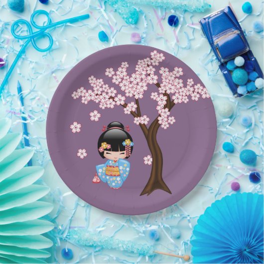 Maiko Kokeshi Doll - Blue Kimono Geisha Girl Papieren Bordje (Feest)