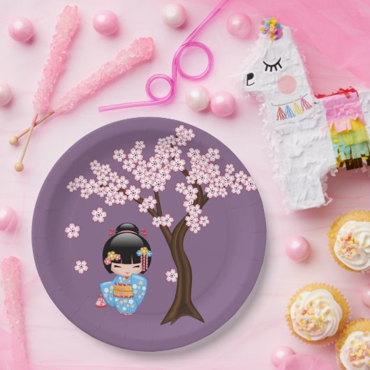 Maiko Kokeshi Doll - Blue Kimono Geisha Girl Papieren Bordje (Feest)