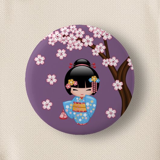 Maiko Kokeshi Doll - Blue Kimono Geisha Girl Ronde Button 5,7 Cm