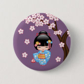 Maiko Kokeshi Doll - Blue Kimono Geisha Girl Ronde Button 5,7 Cm (Voorkant)