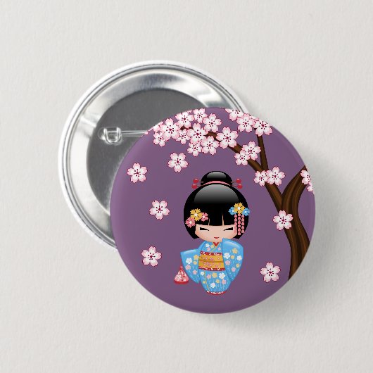 Maiko Kokeshi Doll - Blue Kimono Geisha Girl Ronde Button 5,7 Cm (Voorkant /achterkant)