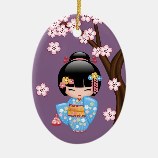 Maiko Kokeshi Doll - Cute Geisha Girl op Paars Keramisch Ornament (Voorkant)