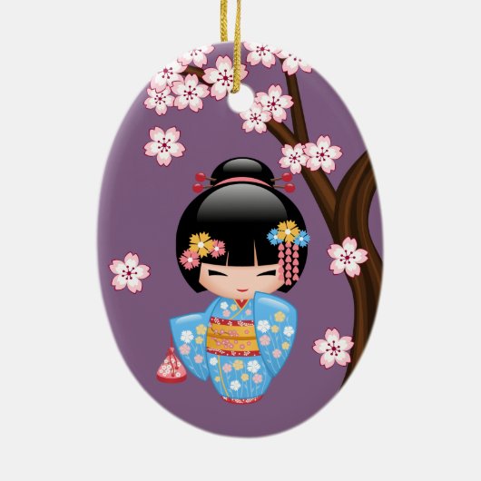 Maiko Kokeshi Doll - Cute Geisha Girl op Paars Keramisch Ornament (Achterkant)