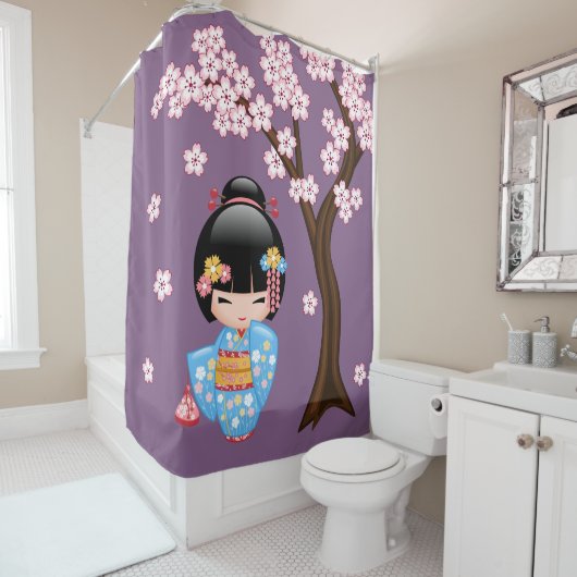 Maiko Kokeshi Doll Schattige Geisha Girl Paarse Douchegordijn (In situ)