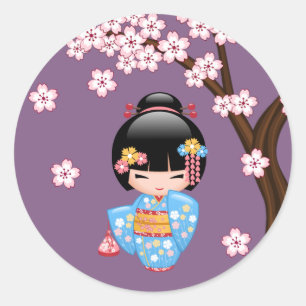 Maiko Kokeshi Doll Schattige Geisha Girl Paarse Ronde Sticker