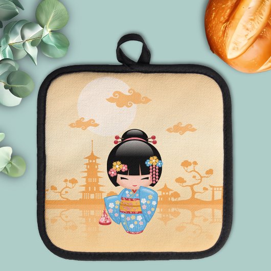 Maiko Kokeshi Doll Schattige Geisha Girl Yellow Pannenlap