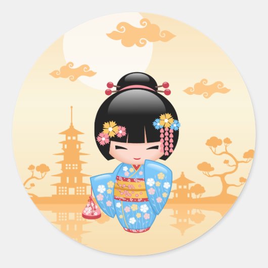 Maiko Kokeshi Doll Schattige Geisha Girl Yellow Ronde Sticker (Voorkant)