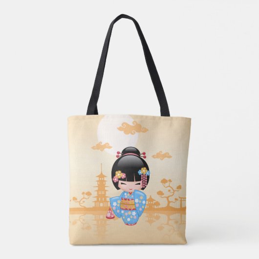 Maiko Kokeshi Doll Schattige Geisha Girl Yellow Tote Bag (Achterkant)