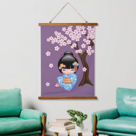 Maiko Kokeshi Pop - Blauwe Kimono Geisha Meisje Hangend Wandkleed