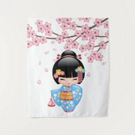 Maiko Kokeshi Pop - Blauwe Kimono Geisha Meisje Wandkleed