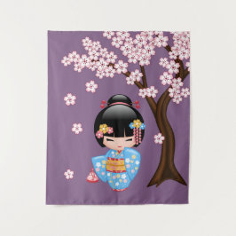 Maiko Kokeshi Pop - Blauwe Kimono Geisha Meisje Wandkleed