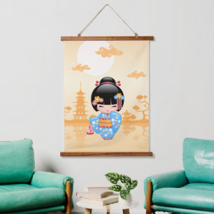 Maiko Kokeshi Pop - Schattige Japanse Geisha Meisj Hangend Wandkleed