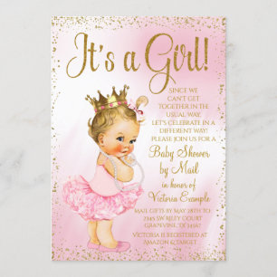 Mail Baby shower Pink Gold Blonde Princess Tutu Kaart