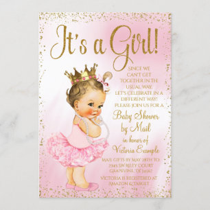 Mail Baby shower Pink Gold Brunette Princess Tutu Kaart