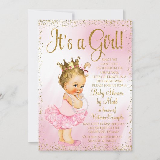 Mail Baby shower Roze Goud Blonde Princess Tutu Kaart (Voorkant)