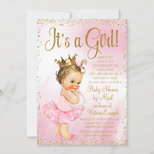 Mail Baby shower Roze Goud Brunette Princess Tutu Kaart (Voorkant)